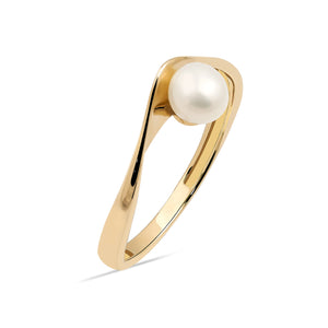 The 14K Solid Gold Natural Pearl Ring from the Elegance Collection showcases a minimalist design with a single real pearl gracefully set at its center. The band features a smooth, modern twist, emphasizing the pearl against a simple white backdrop, and is crafted using sustainable methods.