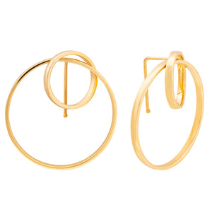 Discover the Harmony Collection's 14K Real Yellow Gold Unique Hoop Earrings by Runda, featuring minimalist design and fine craftsmanship. One earring showcases a smaller circle nestled within a larger hoop, while the other displays a smaller circle affixed to the top of a hoop. Both earrings provide smooth, shiny, and hypoallergenic surfaces.