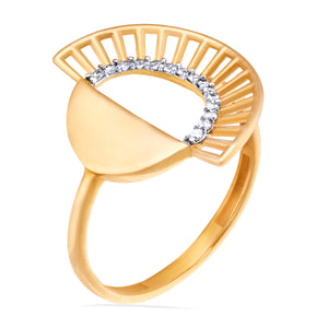 Introducing the 14K Gold Sunrise Lab-Grown Diamond Ring from RundaJewelryUs's Helios Collection. This hypoallergenic piece showcases a distinctive modern geometric design, featuring an open semi-circle embellished with brilliant lab-created diamonds and a lattice structure crafted from 14K solid gold elements.