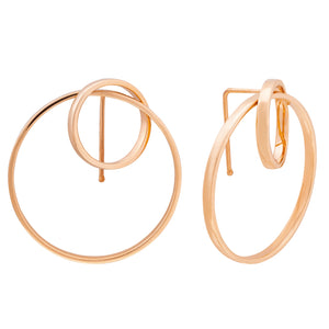 Discover the Harmony Collection's 14K Real Yellow Gold Unique Hoop Earrings by Runda, featuring minimalist design and fine craftsmanship. One earring showcases a smaller circle nestled within a larger hoop, while the other displays a smaller circle affixed to the top of a hoop. Both earrings provide smooth, shiny, and hypoallergenic surfaces.