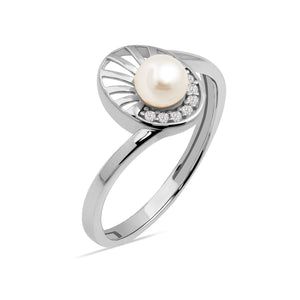 The 14K Solid Gold Natural Pearl Ring from the Elegance Collection features an artistic swirl design, highlighting a natural pearl and adorned with sparkling diamonds. Crafted in 14K solid gold, this ring exemplifies elegance through sustainable methods.