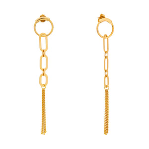 The 14K Real Yellow Gold Unique Chain Dangle Earrings from the Harmony Collection showcase a circular stud and a dangling chain link design, leading to multiple thin chains at the bottom for a tassel-like effect, creating an elegant and hypoallergenic accessory.