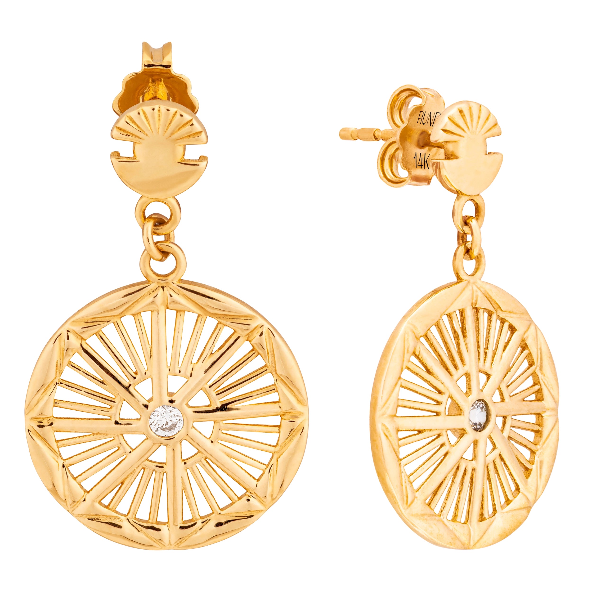 14K Solid Gold Inca Sun Dangle Drop Earrings Lab-Grown Diamond - Helios Collection