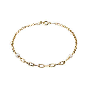 Presenting our 14K Solid Gold Natural Pearl Bracelet from the Elegance Collection, this exquisite piece showcases a blend of round and elongated links in stunning solid gold, decorated with two natural white pearls. Hypoallergenic and crafted with a secure clasp closure, it offers everyday elegance effortlessly.