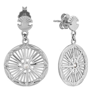 Experience the elegance of the 14K Solid Gold Inca Sun Dangle Drop Earrings from the Helios Collection. These earrings showcase a captivating geometric pattern with intricate cut-out designs centered around a small lab-grown diamond. Crafted from genuine 14K solid gold, they boast a unique clasp design with stud backs and are perfectly hypoallergenic. Displayed in both front and back views, these earrings are a true testament to exquisite craftsmanship.