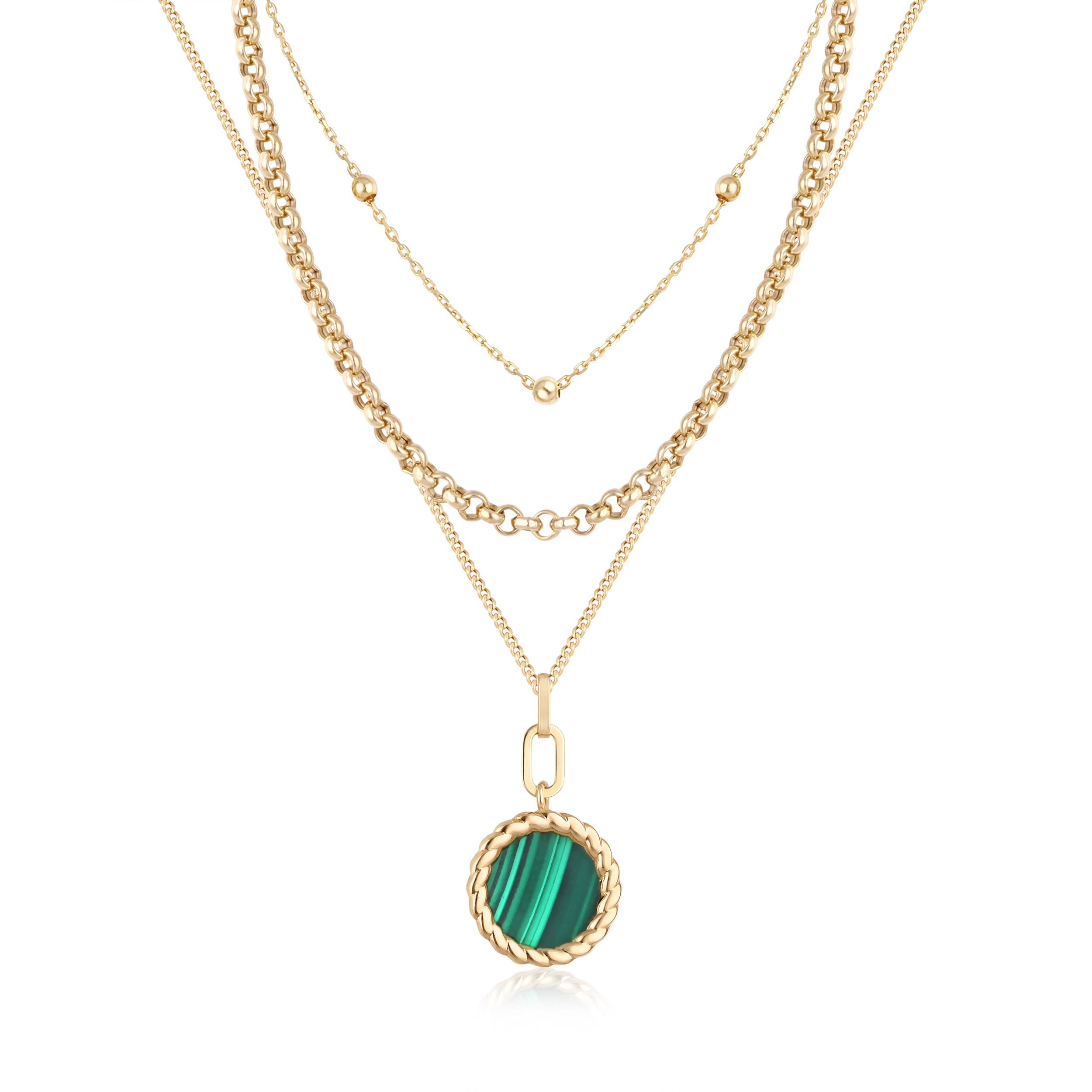 14K Solid Gold Natural Malachite 3 Layer Necklace - Endless Collection