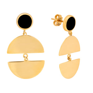 The 14K Solid Gold Elegant Dangle Drop Earrings of the Moonlight Collection showcase a circular black enamel stone at the top and a split semicircular design below, linked together to form a graceful drop. Their glossy finish and post backings enhance the elegance of these hypoallergenic accessories.