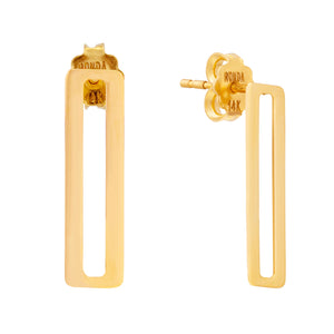 Close-up of two gold rectangular earrings with open centers from the Harmony Collection, crafted from 14K real yellow gold. Each geometric paperclip stud earring features a back post and boasts a minimalistic, modern design. These hypoallergenic earrings are engraved on the back, offering both style and comfort.