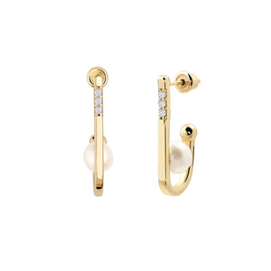 Presenting the stunning 14K Solid Gold Voyage Natural Pearl Dangle Earrings from the Elegance Collection. These earrings feature genuine pearls at the base and a row of tiny sparkling diamonds along the upper front. One earring is displayed front-facing, while the other is shown in profile against a plain white background.