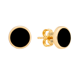 The 14K Solid Gold Full Moon Black Enamel Stud Earrings from the Moonlight Collection feature round black enamel centers and are crafted from genuine 14K solid gold. Their hypoallergenic settings ensure comfort, and one earring is fitted with a secure post and backing.