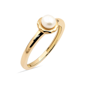 The 14K Solid Gold Natural Pearl Ring from Runda's Elegance Collection features a polished gold band showcasing a single round natural pearl in an elegant, slightly scalloped bezel on top, highlighting Runda's fine handcrafting against a plain white background.