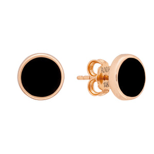 The 14K Solid Gold Full Moon Black Enamel Stud Earrings from the Moonlight Collection feature round black enamel centers and are crafted from genuine 14K solid gold. Their hypoallergenic settings ensure comfort, and one earring is fitted with a secure post and backing.