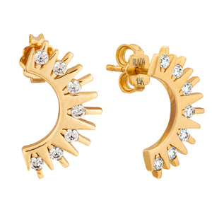 Introducing the stunning 14K Solid Gold Half Sun Burst Stud Earrings from the Helios Collection. These exquisite earrings feature a beautiful crescent-shaped design, crafted from genuine solid gold and highlighted by seven sparkling lab-grown diamonds. Designed with your comfort in mind, they include hypoallergenic posts and butterfly backs for secure fastening.