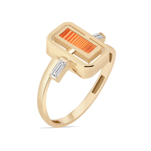 Introducing the Achates Collection: a 14K solid gold ring featuring a rectangular natural carnelian gemstone at its center, elegantly accented with small clear gemstones on each side. The band offers a simple yet sophisticated design.