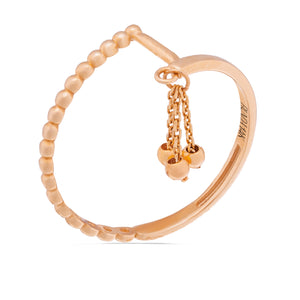 The 14K Solid Gold Geometric Unique Bubble Ring from the Harmony Collection showcases a beaded design accented with two small chain-linked spheres, crafted using Runda handcrafting methods, all elegantly displayed on a white background.