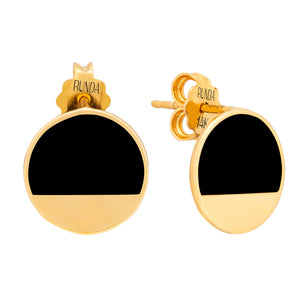 The 14K Solid Gold The First Quarter Moon Black Enamel Stud Earrings from the Moonlight Collection are displayed. These earrings, crafted in real solid gold and showcasing Runda handcrafting, feature round designs with black enamel centers and a polished finish accented by "RUNDA" engraved on the back. Their minimalist and elegant design makes them an ideal choice for those looking for hypoallergenic jewelry.