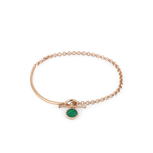 Introducing the 14K Solid Gold Unique Malachite Gemstone Bangle & Bracelet from the Endless Collection, featuring a toggle clasp and an elegantly suspended round malachite gemstone charm set in gold. The hypoallergenic design ensures both style and comfort.