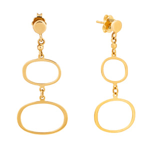 Part of Runda's Harmony Collection, these 14K Solid Gold Geometric Dangle Earrings feature a stunning design crafted with fine handcrafting. Each earring showcases two linked oval shapes: a smaller oval on top and a larger one below, connected elegantly by small loops. Made from real solid gold, their hypoallergenic design beautifully reflects light, highlighting their shiny finish.