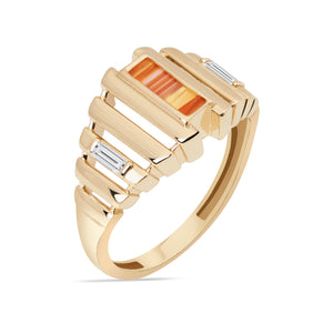 The Achates Collection's 14K Solid Gold Natural Carnelian / Agate Gemstone Ring showcases a modern geometric design. It features a central rectangular Carnelian stone flanked by two smaller rectangular clear gemstones. The solid gold band, crafted from 14K gold, boasts a stepped pattern leading to the stones, enhancing its distinctive appeal.