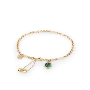 The 14K Solid Gold Rolo Chain Malachite Drop Chain Bracelet from the Endless Collection is an elegant piece featuring a delicate chain adorned with two small dangling spheres and a round, green-striped malachite gemstone charm. It includes a hypoallergenic lobster clasp and a small circular tag for added sophistication.