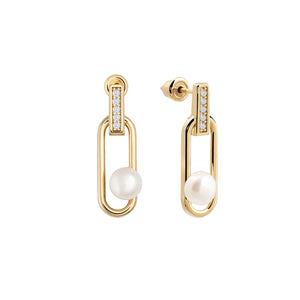 Introducing the 14K Solid Gold Inception Natural Pearl Stud Earrings from the Elegance Collection—an exquisite pair featuring vertical bars adorned with small gems, each showcasing a genuine pearl in a striking large tear-shaped design. These stunning earrings hang gracefully from oval loops and are crafted from 14K real solid gold, making them hypoallergenic and perfect for those with sensitive skin.