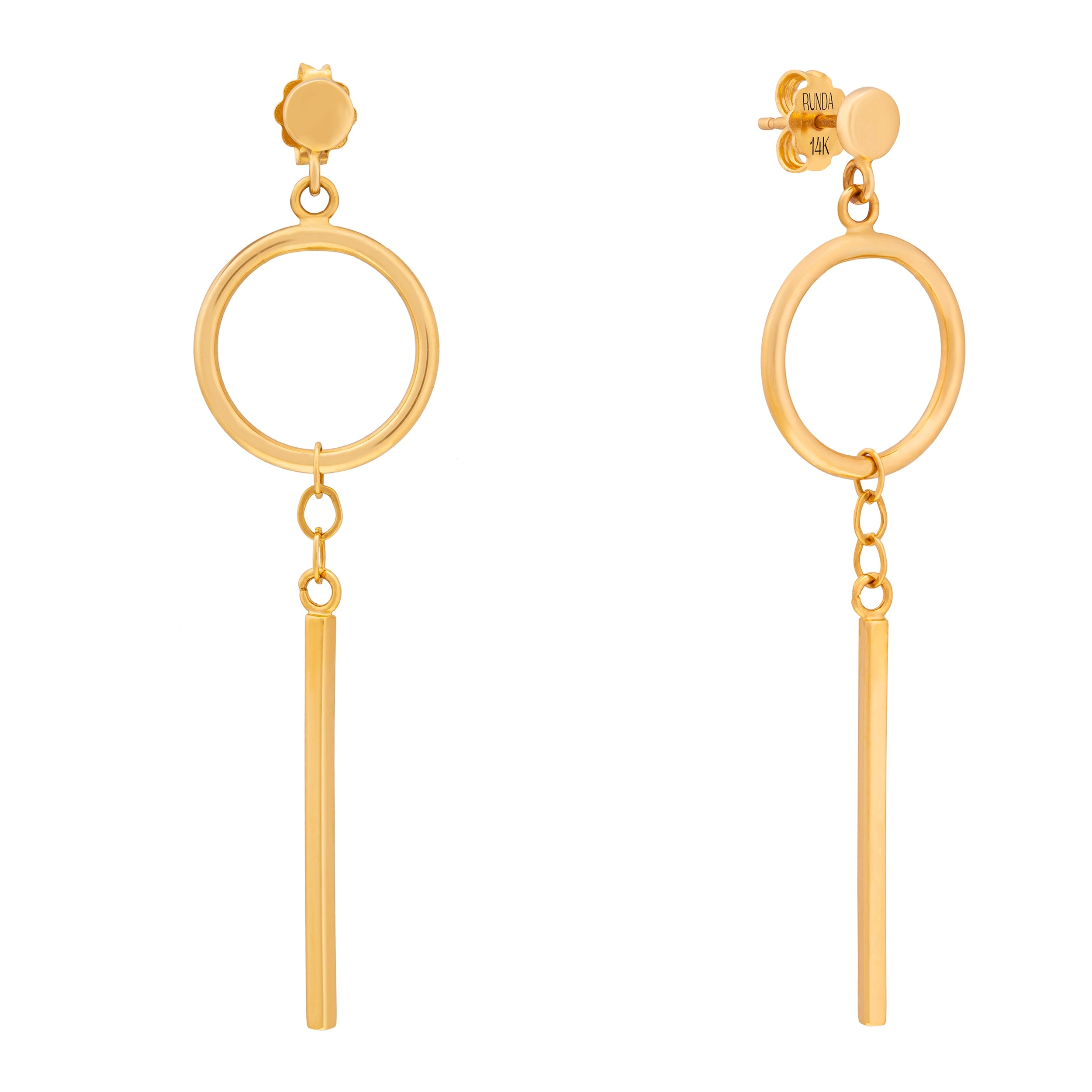 14K Solid Gold Bar Drop - Dangle Earrings - Harmony Collection