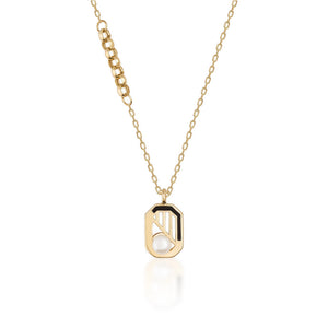 The 14K Solid Gold Natural Pearl Necklace from the Elegance Collection showcases a geometric pendant with vertical lines and a natural pearl, all suspended from a delicate hypoallergenic gold chain featuring small link details.