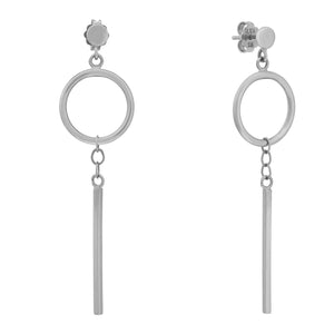 The 14K Solid Gold Bar Drop - Dangle Earrings from the Harmony Collection features a sophisticated circular design with a vertical bar hanging beneath each circle. Expertly handcrafted for comfort, these hypoallergenic earrings feature post backings and are beautifully displayed against a white background.