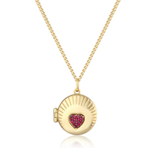 The 14K Solid Gold Heart & Shell Custom Photo Locket Medallion Necklace from the Timeless Collection features a circular pendant crafted in real solid yellow gold, adorned with a small heart design set with red gemstones. This hypoallergenic locket is available on a fine chain in multiple sizes for the perfect fit.