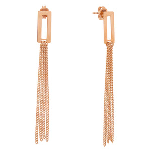 Introducing the 14K Real Yellow Gold Geometric Chain Dangle Earrings from the Harmony Collection. These gold earrings feature rectangular frames from which multiple slender chains elegantly cascade, creating a sleek and sophisticated look. Crafted from hypoallergenic 14K real solid gold, they are perfect against a white background.