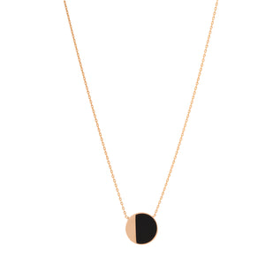 The 14K Solid Gold The Last Quarter Moon Pendant Necklace from the Moonlight Collection features a delicate gold chain and a circular pendant split into two halves: one crafted from 14K real solid yellow gold and the other enhanced with black enamel. This hypoallergenic design exudes simplicity and elegance.