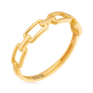 The 14K Solid Gold Paperclip Unique Statement Ring from the Harmony Collection showcases interconnected rectangular links with a polished gold finish. Expertly handcrafted using Runda's sustainable methods, this piece is stamped to confirm its 14K solid gold purity and ethical elegance.