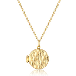 The 14K Solid Gold Custom Photo Locket Medallion Necklace from the Timeless Collection is crafted in hypoallergenic 14K real solid yellow gold and showcases an elegant textured, diamond-patterned design, beautifully suspended from a matching chain against a plain white background.