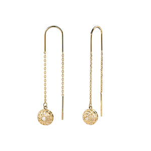 These elegant earrings feature a delicate chain design, each ending with a spherical pendant crafted from 14K Solid Gold. The spheres showcase a lattice pattern and contain a small central gem inside. Part of Runda's Elegance Collection, the 14K Solid Gold Cage Natural Pearl Dangle J Earrings exhibit fine handcrafting that allows them to hang gracefully from curved hooks.