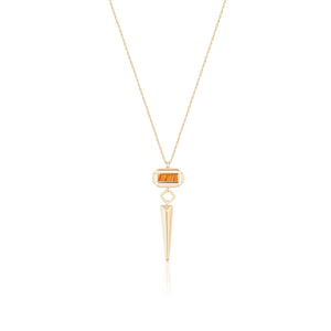 The 14K Solid Gold Geometric Natural Carnelian/Agate Gemstone Necklace from the Achates Collection showcases a fine gold chain adorned with a long, pointed pendant. Above this pendant is an octagonal amber stone set in 14K real solid yellow gold, connected by a subtle geometric design, all presented against a white background.