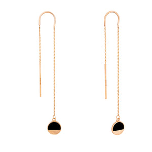 Experience the elegance of the 14K Solid Gold The First Quarter Moon Thread Chain Drop Earrings from the Moonlight Collection. These modern, minimalist earrings boast a sleek hypoallergenic design, featuring a delicate chain and slender bar that thread gracefully through the ear, culminating in a circular black enamel charm. Handcrafted jewelry at its finest.