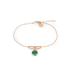 A finely crafted bracelet from the Endless Collection, made with 14K solid gold and featuring a minimalist design highlighted by a small green and gold pendant adorned with a malachite gemstone, elegantly set against a plain white background.