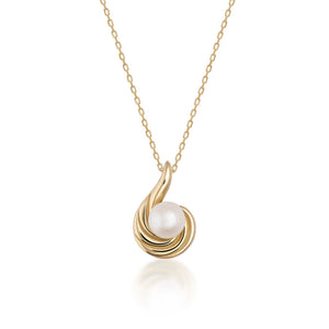 The 14K Solid Gold Natural Pearl Necklace from the Elegance Collection showcases a beautifully twisted design that cradles a natural pearl. Crafted from authentic 14K solid yellow gold, the pendant gracefully hangs on a delicate chain. Its hypoallergenic properties make it gentle for sensitive skin, all set against a white background to highlight its exquisite beauty.