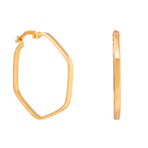 The 14K Gold Hexagon Hoop Earrings from the Harmony Collection by RundaJewelryUs feature an eye-catching geometric design. The left earring boasts a slightly irregular hexagonal shape, adding a modern touch to your everyday style, while the right one is viewed from the side, highlighting its thin profile and smooth, shiny finish.