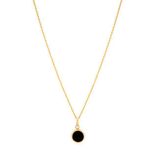 The 14K Solid Gold Full Moon Pendant Necklace from the Moonlight Collection features a simple round black pendant and provides hypoallergenic comfort.