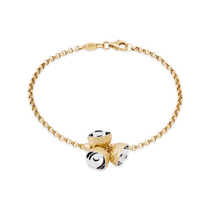 Discover the 14K Solid Gold Acorn Bracelet from the Into the Woods Collection by Erdem Akan, featuring a chain link design with three small conical charms at its center. Each charm is adorned with an abstract design atop a circular gold disc. This hypoallergenic bracelet ensures secure fastening with its lobster claw clasp. Model No B22DK1033.