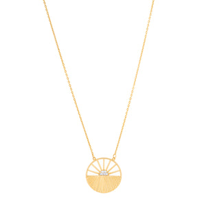 Introducing the 14K Solid Gold Sunrise Necklace from the Helios Collection, this exquisite piece features a pendant shaped like a stylized rising sun. Its radiant rays are artfully crafted with gold lines, while lab-grown diamonds elegantly form the center. The delicate hypoallergenic chain seamlessly complements this stunning pendant.