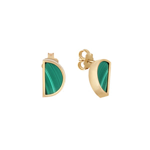 14K solid gold stud earrings from the Endless Collection, showcasing semicircular natural malachite gemstones set in a 14k yellow gold frame, displayed from both front and side perspectives.