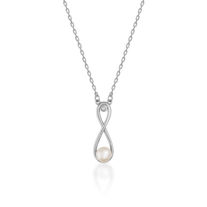 The 14K Solid Gold Natural Pearl Necklace from the Elegance Collection features an infinity-shaped pendant crafted from real solid yellow gold. The pendant beautifully displays a natural pearl at the bottom intersection and a small diamond at the top loop, all suspended on a simple, hypoallergenic chain.