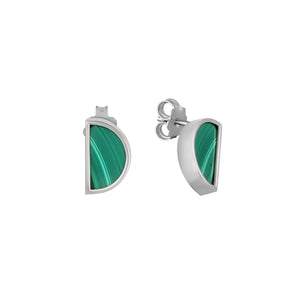 14K solid gold stud earrings from the Endless Collection, showcasing semicircular natural malachite gemstones set in a 14k yellow gold frame, displayed from both front and side perspectives.