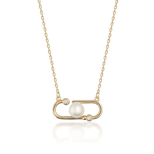 Part of the Elegance Collection, this 14K solid gold necklace features a unique pendant with a natural white pearl at its center, tastefully accented by two small round diamonds within an abstract geometric design.