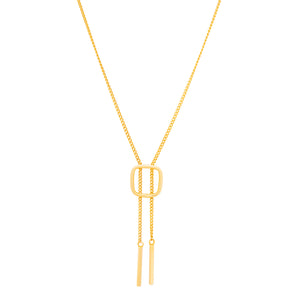 The 14K Solid Gold Unique Statement Chain Drop Necklace from the Harmony Collection is crafted from real solid yellow gold and features a rectangular open pendant with two vertical hanging bars on a delicate chain, available in multiple chain size options.