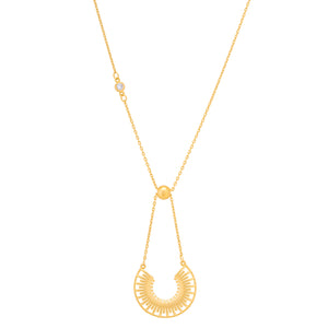 Introducing the Helios Collection: a timeless necklace crafted from 14K solid gold, featuring a symmetrical, semi-circular pendant with intricate cut-out details. The chain is adorned with a small round bead and a single lab-grown diamond accent on one side, offering both elegance and hypoallergenic comfort.