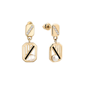 The 14K Real Gold Valor Natural Pearl Earrings from the Elegance Collection feature geometric rectangular frames with a genuine pearl at the bottom and a diagonal black stripe. The top is adorned with small diamonds set on a rectangular base, making them hypoallergenic and ideal for sensitive ears.