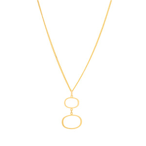 The 14K Solid Gold Geometric Minimal Necklace from the Harmony Collection features a thin chain adorned with two interlinked, irregularly shaped open circle pendants made of real solid yellow gold. This minimalist and elegant design is hypoallergenic and crafted using sustainable methods.